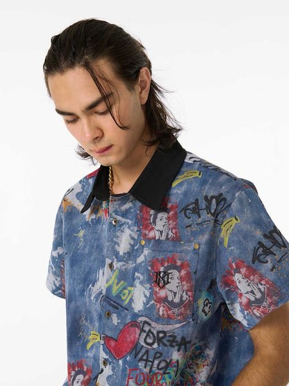 Tie-Dye Denim Polo T-Shirt with Graffiti Print
