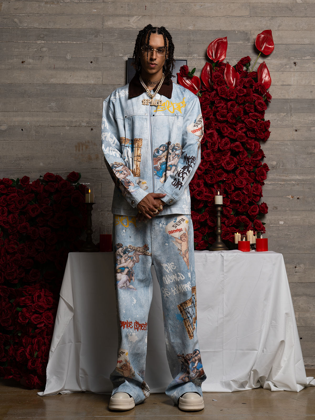 Retro Graffiti Angelic Print Baggy Jeans
