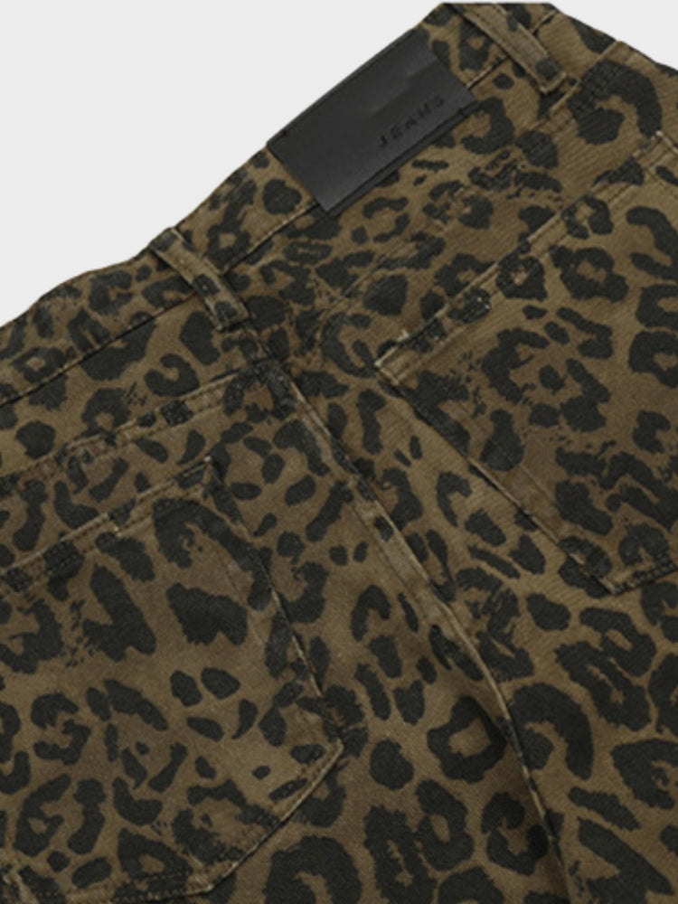 Leopard Print Wide-Leg Denim Shorts Women's