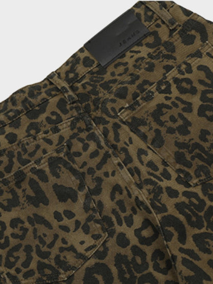 Leopard Print Wide-Leg Denim Shorts Women's