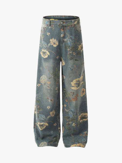 Floral Print Denim Carpenter Jeans