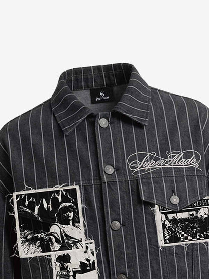 Vintage Pinstripe Patchwork Baggy Denim Set