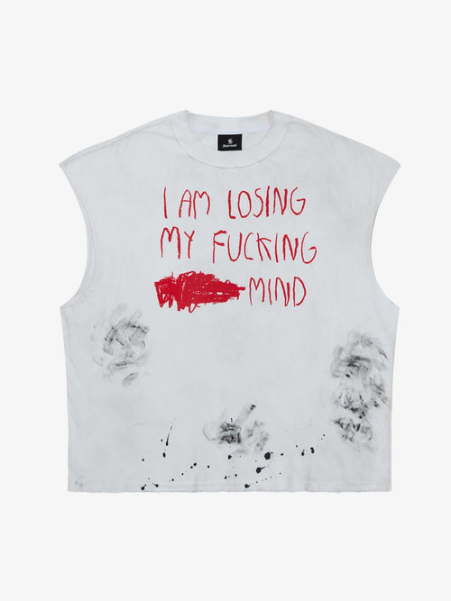 Revelse™ Grunge Slogan Print Distressed Raw Hem Sleeveless T-Shirt