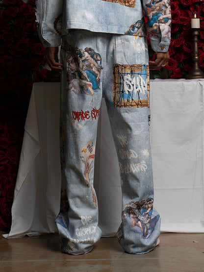 Retro Graffiti Angelic Print Baggy Jeans