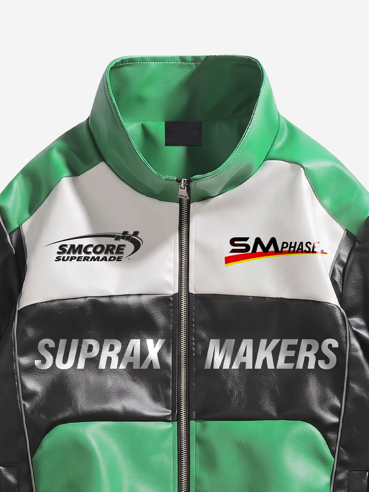 Back view of the asymmetric streetwear jacket with racing-inspired detailing