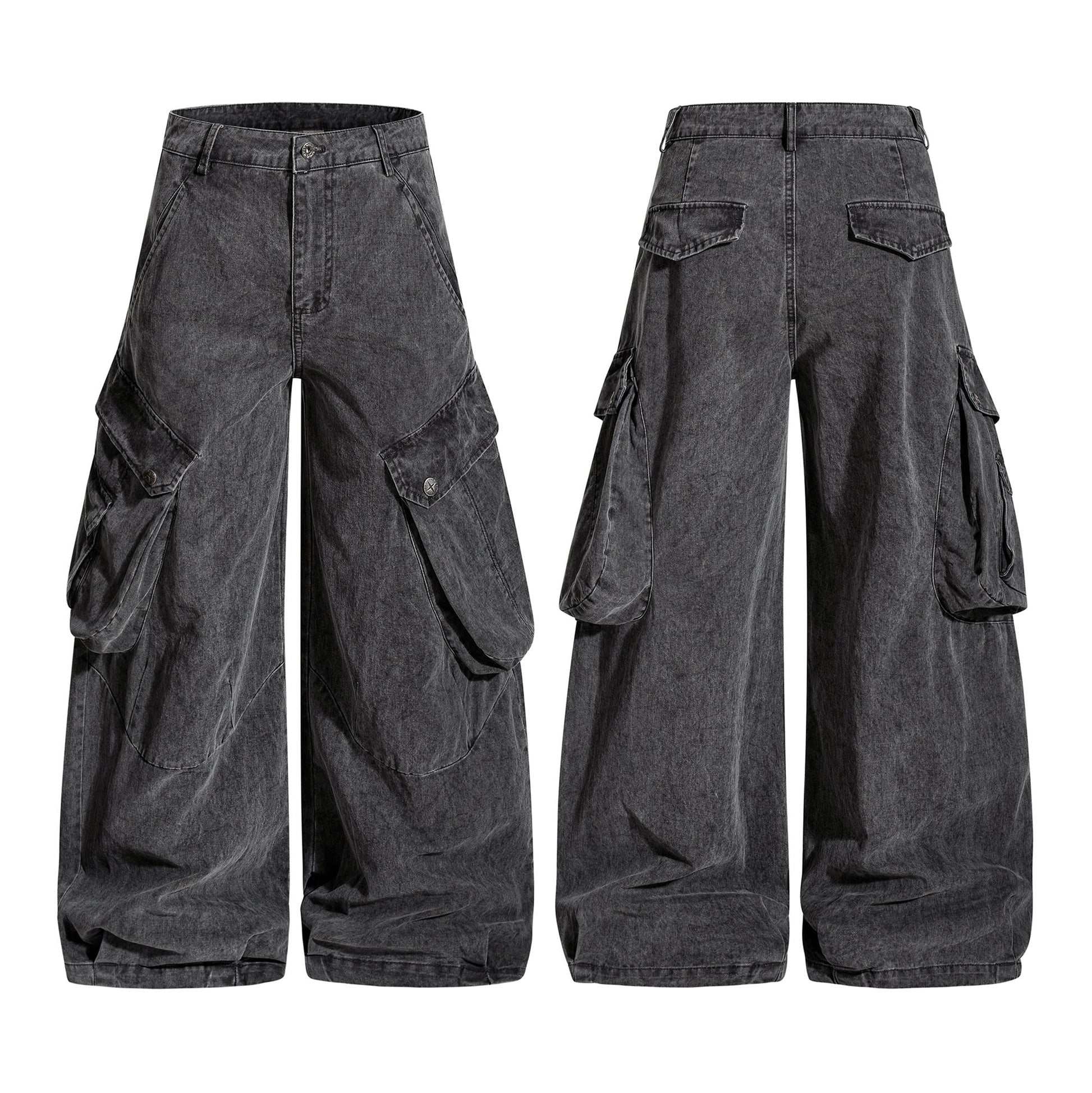 Washed wide-leg cargo trousers in heavy cotton streetwear style