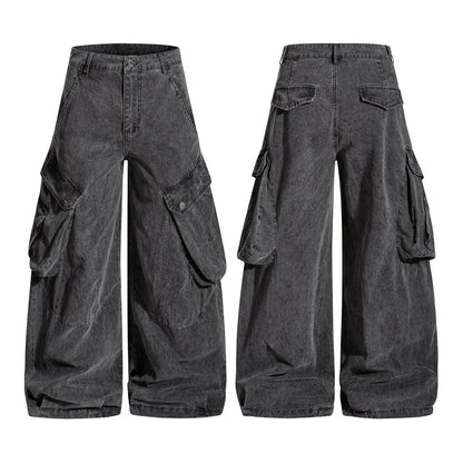 Washed wide-leg cargo trousers in heavy cotton streetwear style