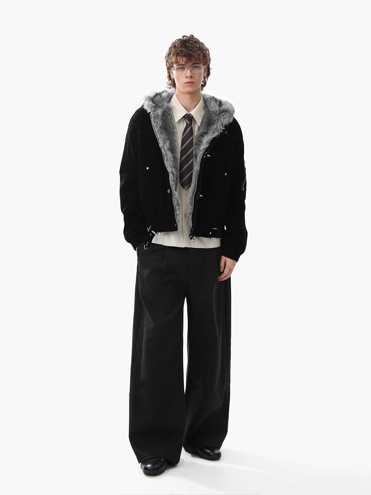 Faux Fur Hooded Suede Bomber Jacket with Metal Clip Streetwear