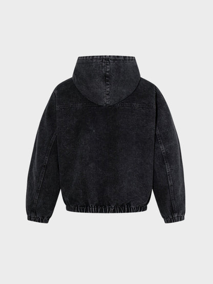 Washed Denim Toggle Front Hoodie Black