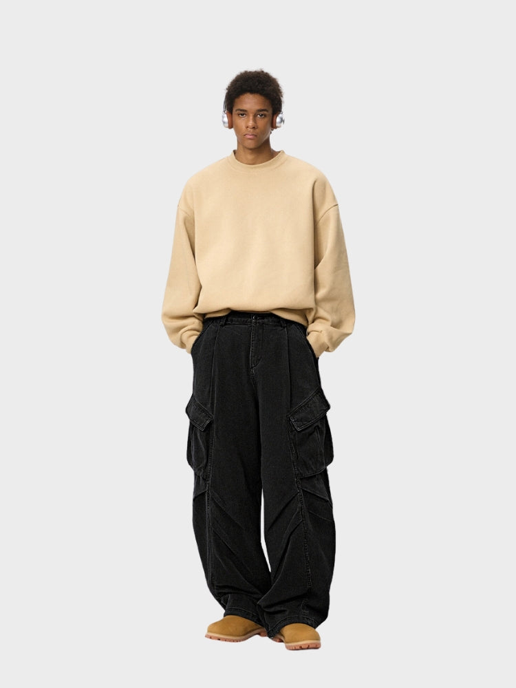 Oversized Wrinkled Cargo Denim Pants Elastic Waist