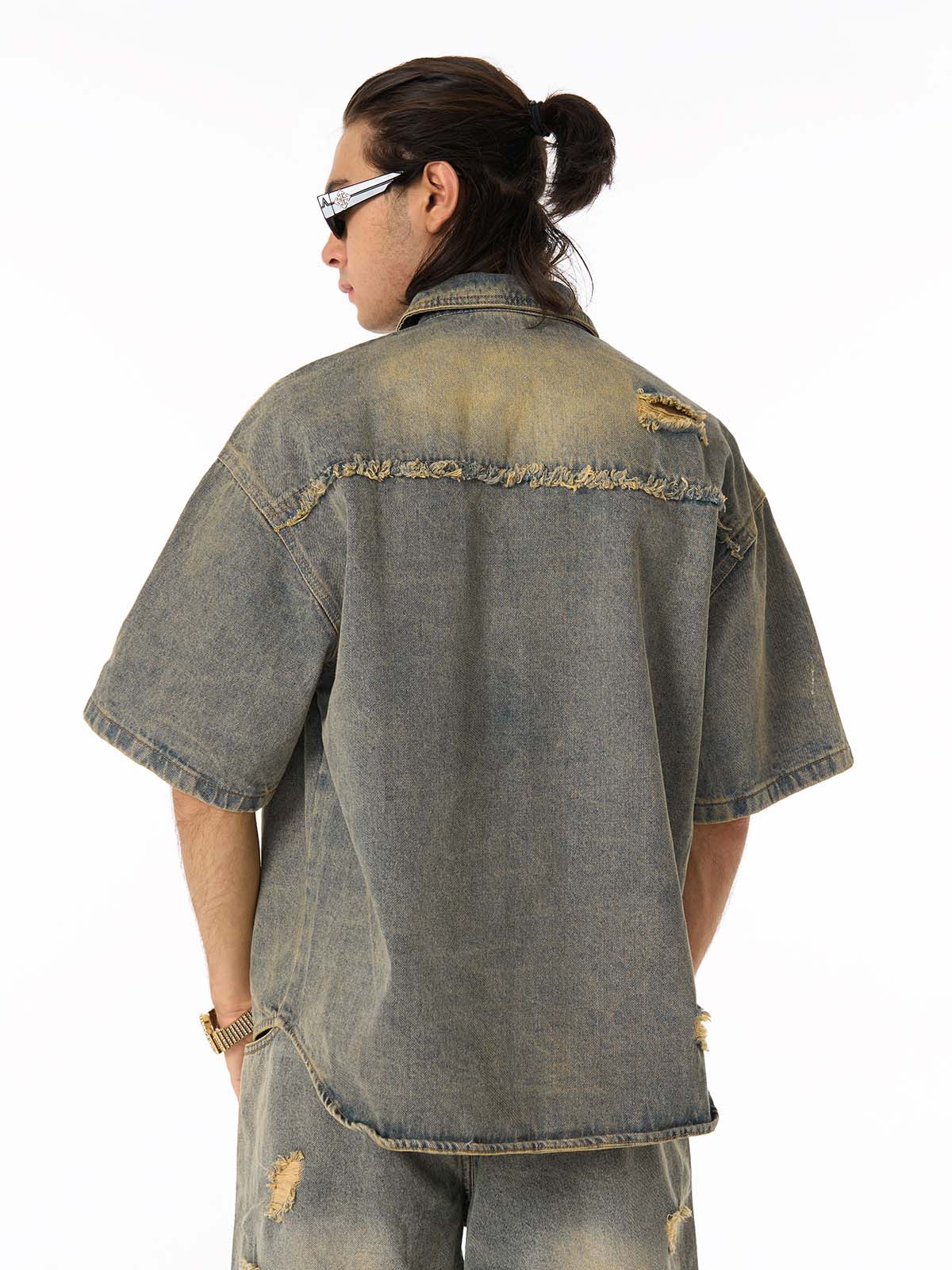 Men's Ripped Distressed Denim Jacket and Pants Set
