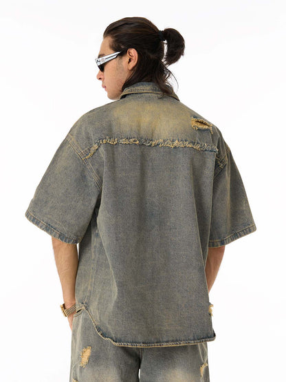 Men's Ripped Distressed Denim Jacket and Pants Set