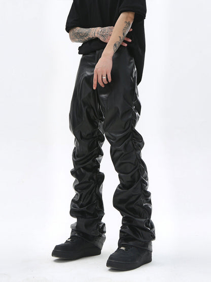 Punk Style Pleated Faux Leather Pants