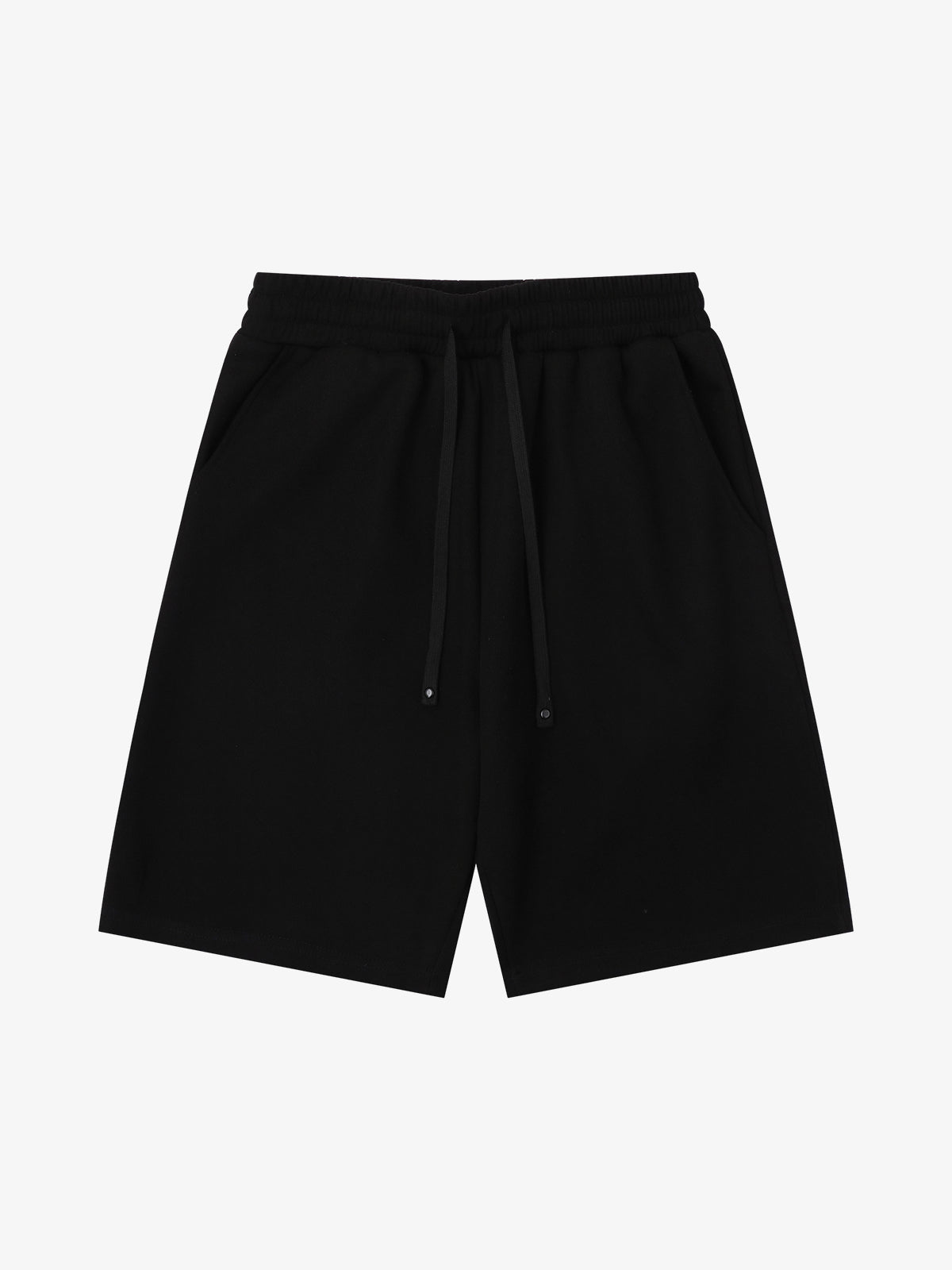 Front view of men's graphic sweat shorts with printed design and drawstring