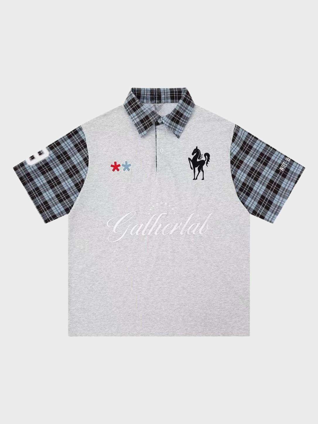 Plaid sleeve cotton polo shirt shown from the back