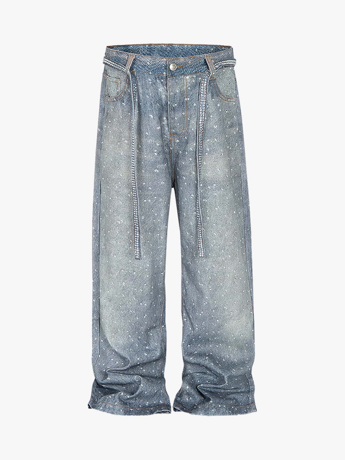 Distressed Denim Jeans with Diamond Belt Decor Detail