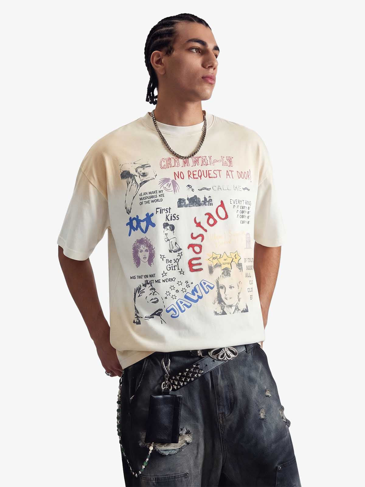 Revelse™  Unisex Cotton Graffiti Print Loose Fit T-Shirt White