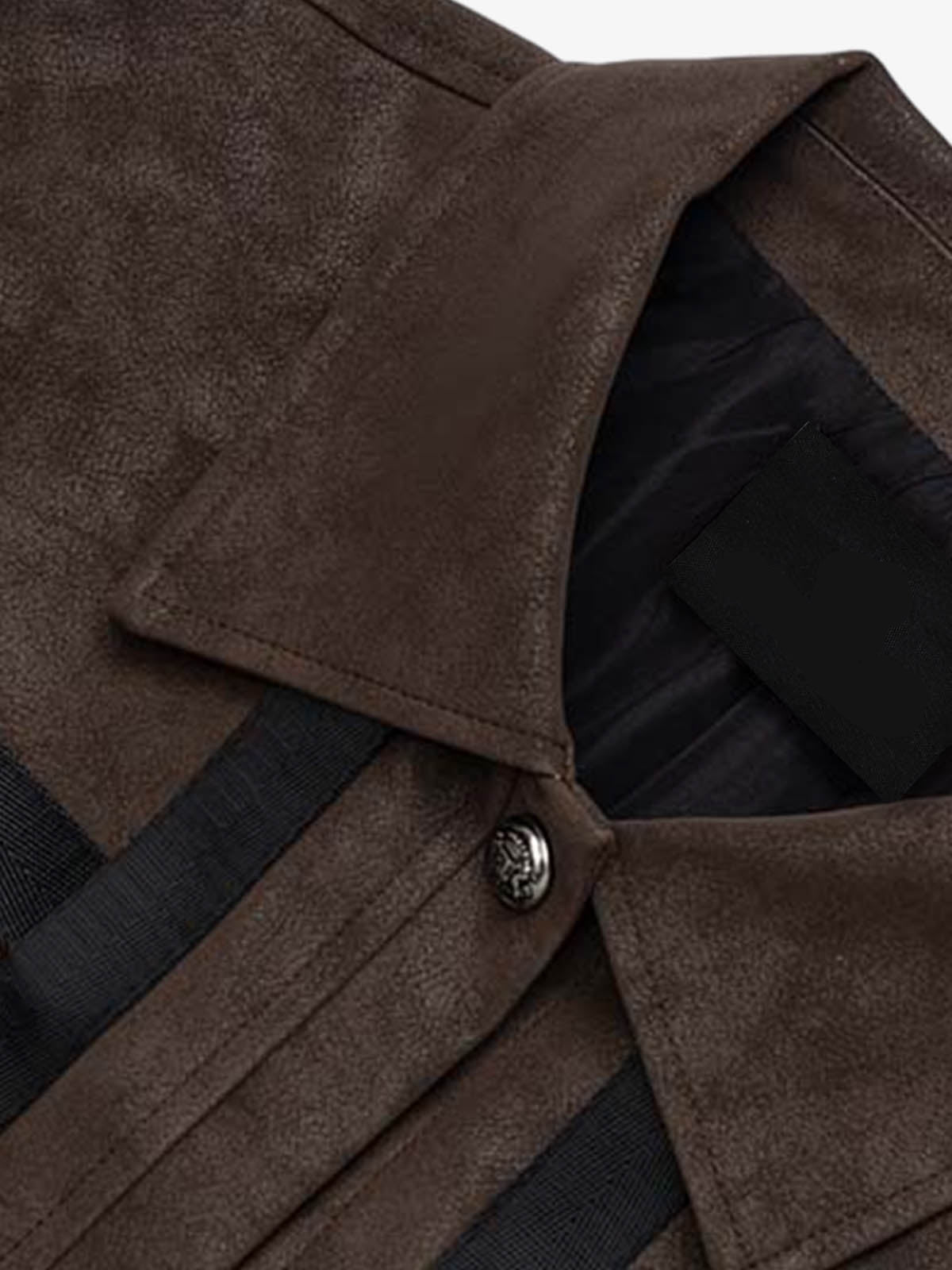 Full product view of a brown faux leather cropped patchwork jacket