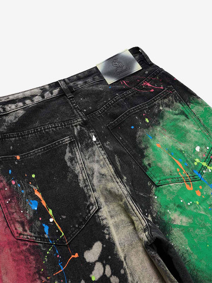 Paint-splatter jeans styled for a bold everyday outfit
