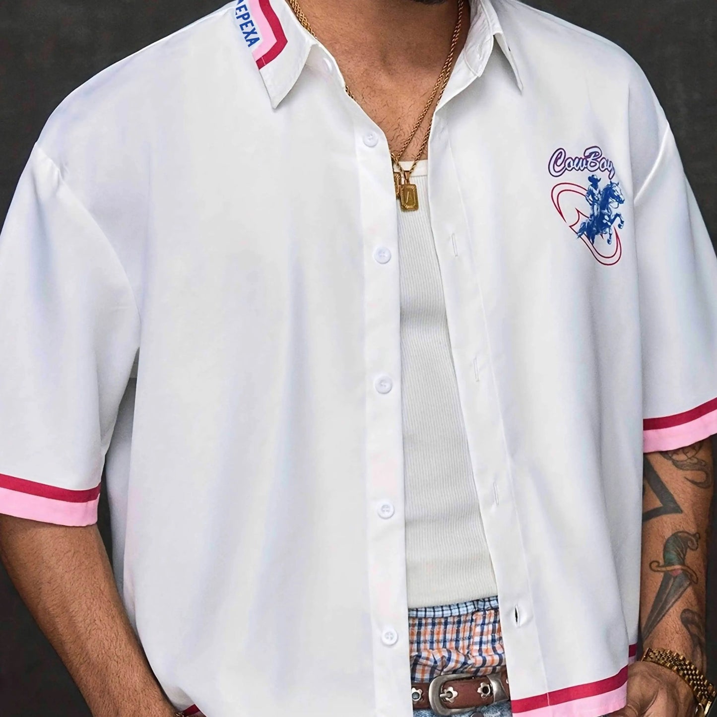 Men's Denim Print Crop Shirt Short Sleeve Casual