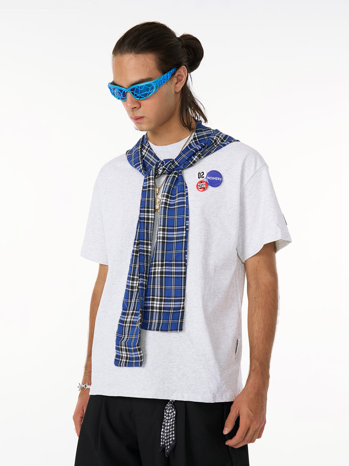 Plaid Jersey Knit Hooded Cape T-Shirt with Detachable Badge