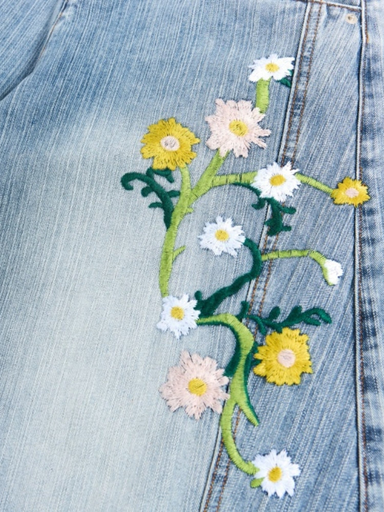 Revelse™ Baggy Wide-Leg Cotton Blend Denim Jeans Floral Embroidered