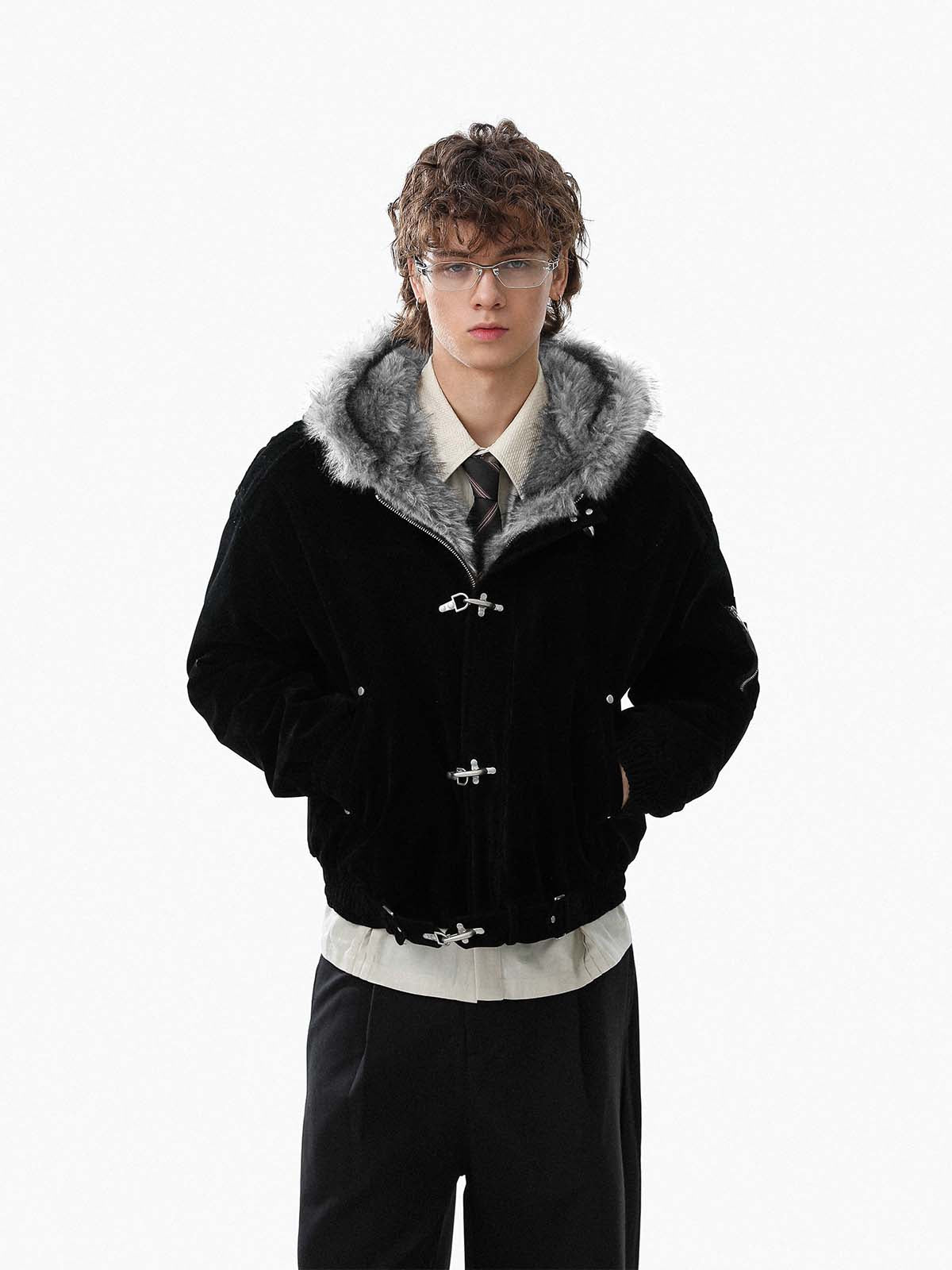 Faux Fur Hooded Suede Bomber Jacket with Metal Clip Streetwear
