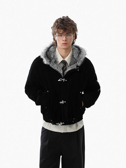 Faux Fur Hooded Suede Bomber Jacket with Metal Clip Streetwear