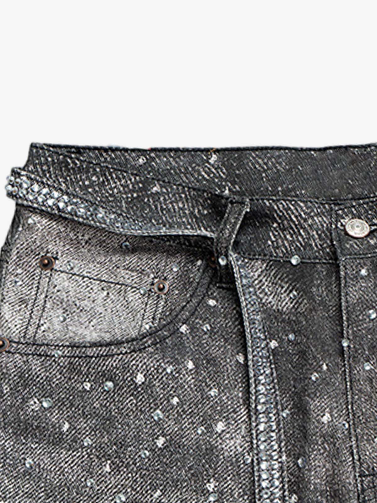 Distressed Denim Jeans with Diamond Belt Decor Detail