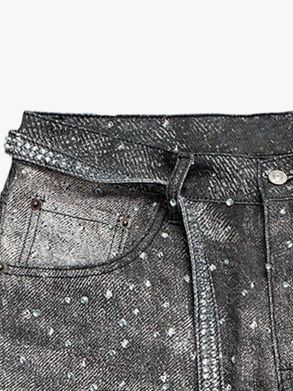 Distressed Denim Jeans with Diamond Belt Decor Detail
