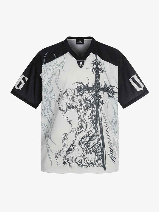 Front view of oversized mesh football jersey T-shirt with gothic graphic