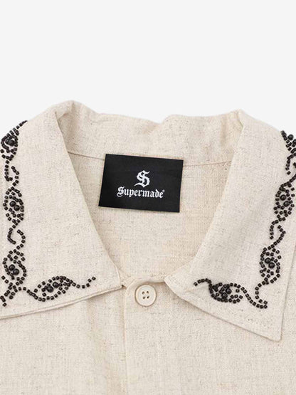 Revelse™  Textured Linen Blend Embroidered Short Sleeve Shirt