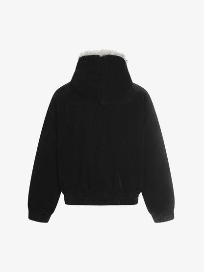 Faux Fur Hooded Suede Bomber Jacket with Metal Clip Streetwear
