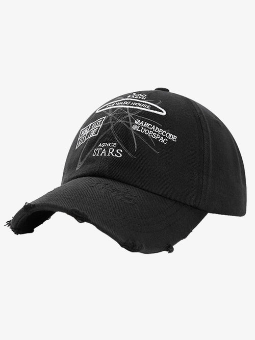 Front view of distressed embroidered baseball cap with washed finish