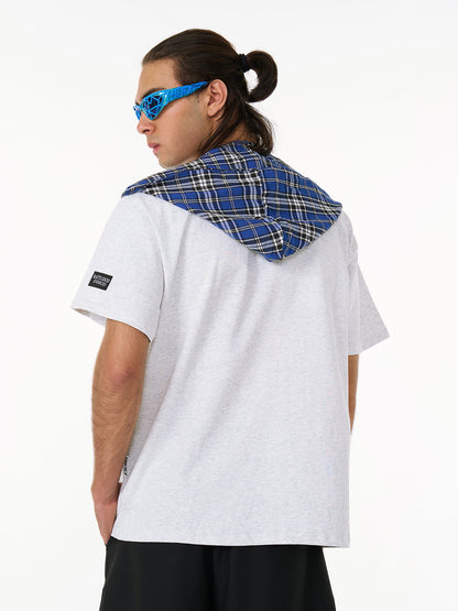 Plaid Jersey Knit Hooded Cape T-Shirt with Detachable Badge