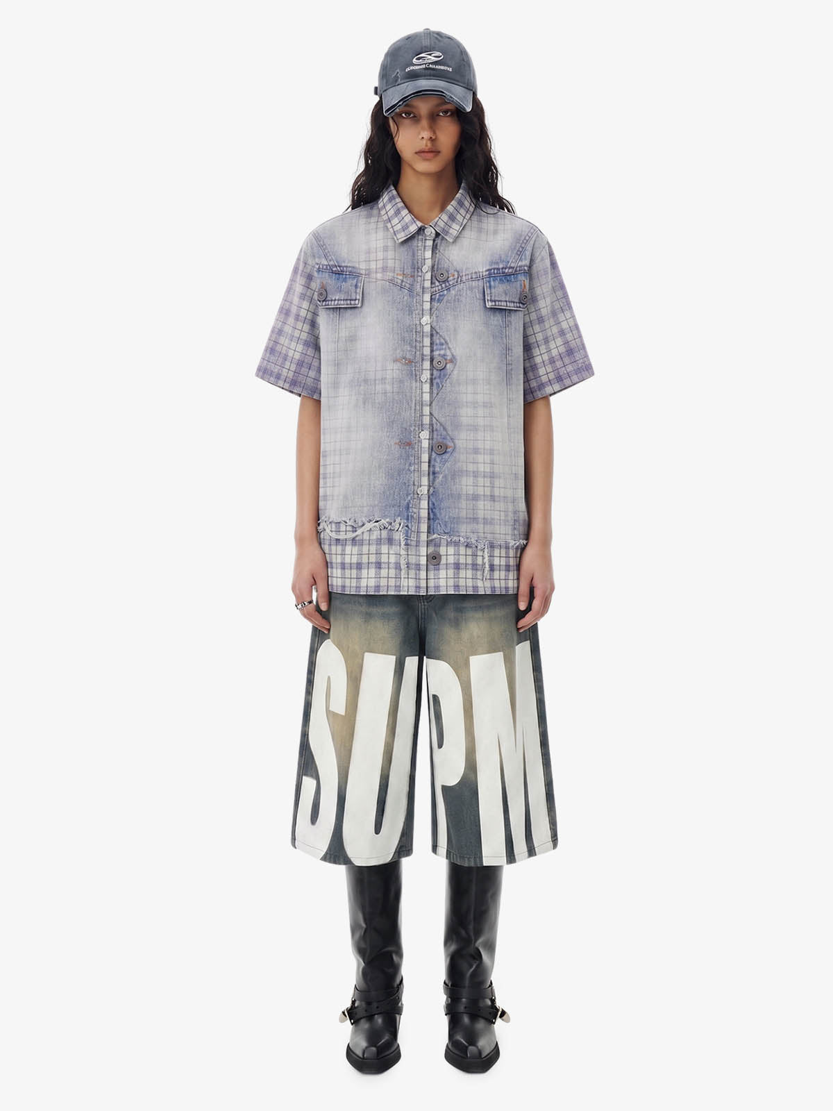 Revelse™ Vintage Washed Plaid Denim Texture Shirt Blue