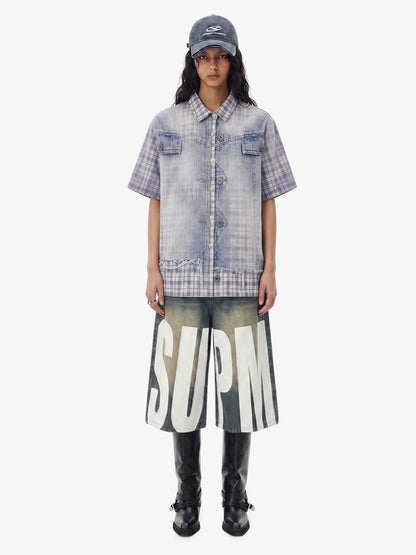 Revelse™ Vintage Washed Plaid Denim Texture Shirt Blue