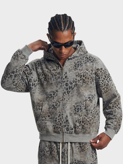 Leopard Print Vintage Washed Zip Hoodie Thick Cotton