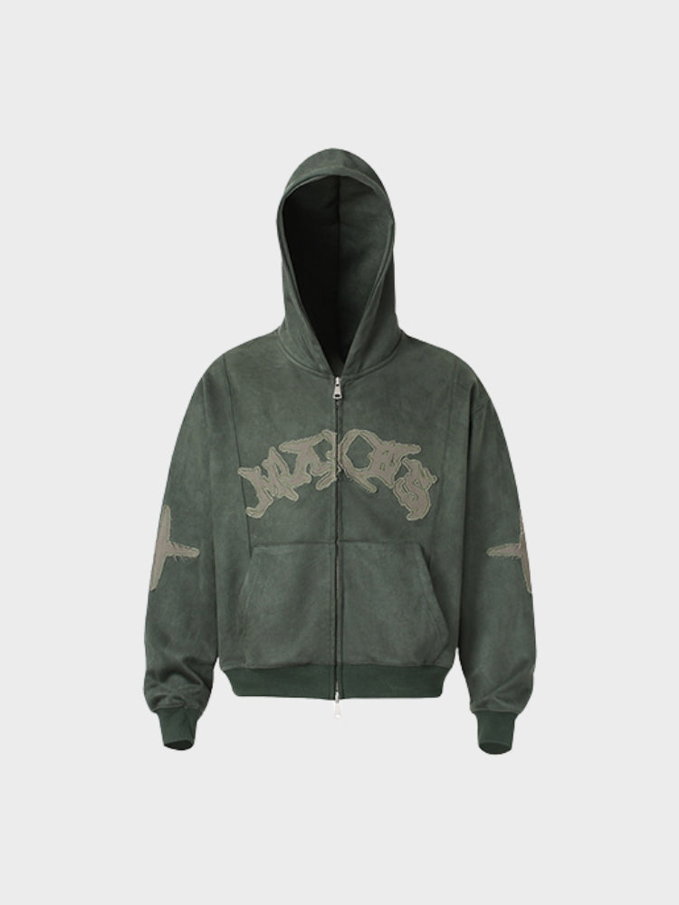 Embroidered Loose-Fit Zip-Up Hoodie