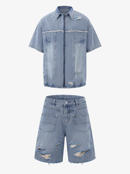 Men's Ripped Distressed Denim Jacket and Pants Set