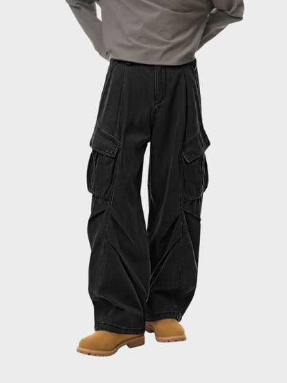 Oversized Wrinkled Cargo Denim Pants Elastic Waist