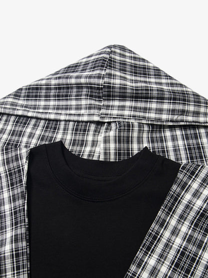 Plaid Jersey Knit Hooded Cape T-Shirt with Detachable Badge