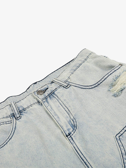 Revelse™ Distressed Denim Cargo Shorts Light Blue Oversized