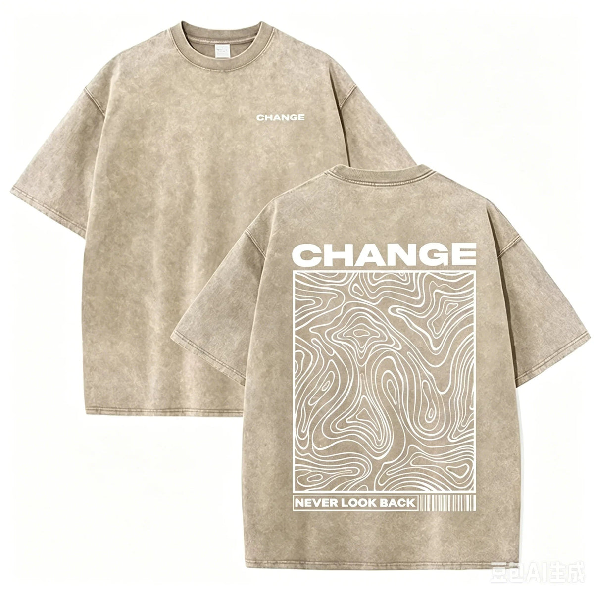 Graphic Print Vintage Washed Cotton T Shirt Beige