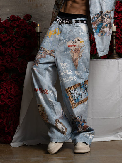 Retro Graffiti Angelic Print Baggy Jeans