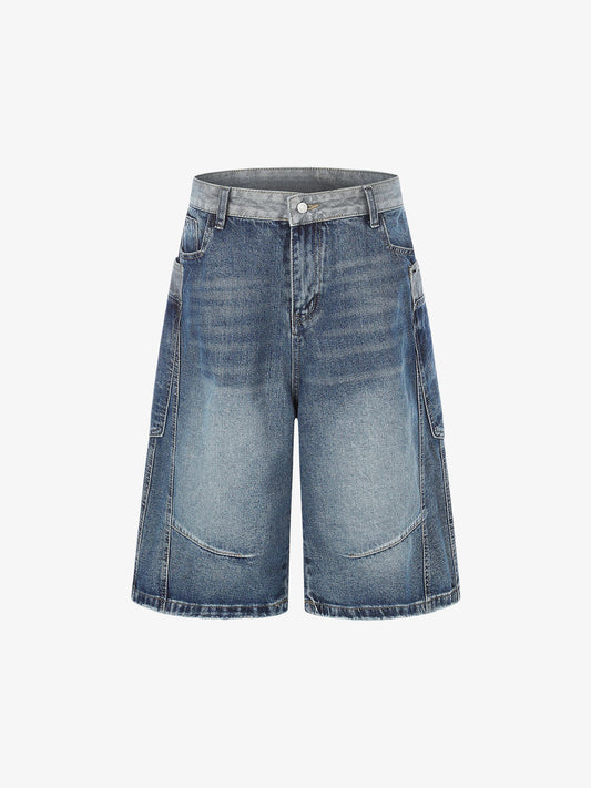 High-waisted cargo denim jorts with colour block panels, front view