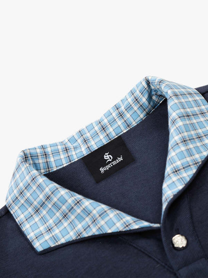 Revelse™  Pique Cotton Polo Shirt With Plaid Contrast Collar and Cuffs
