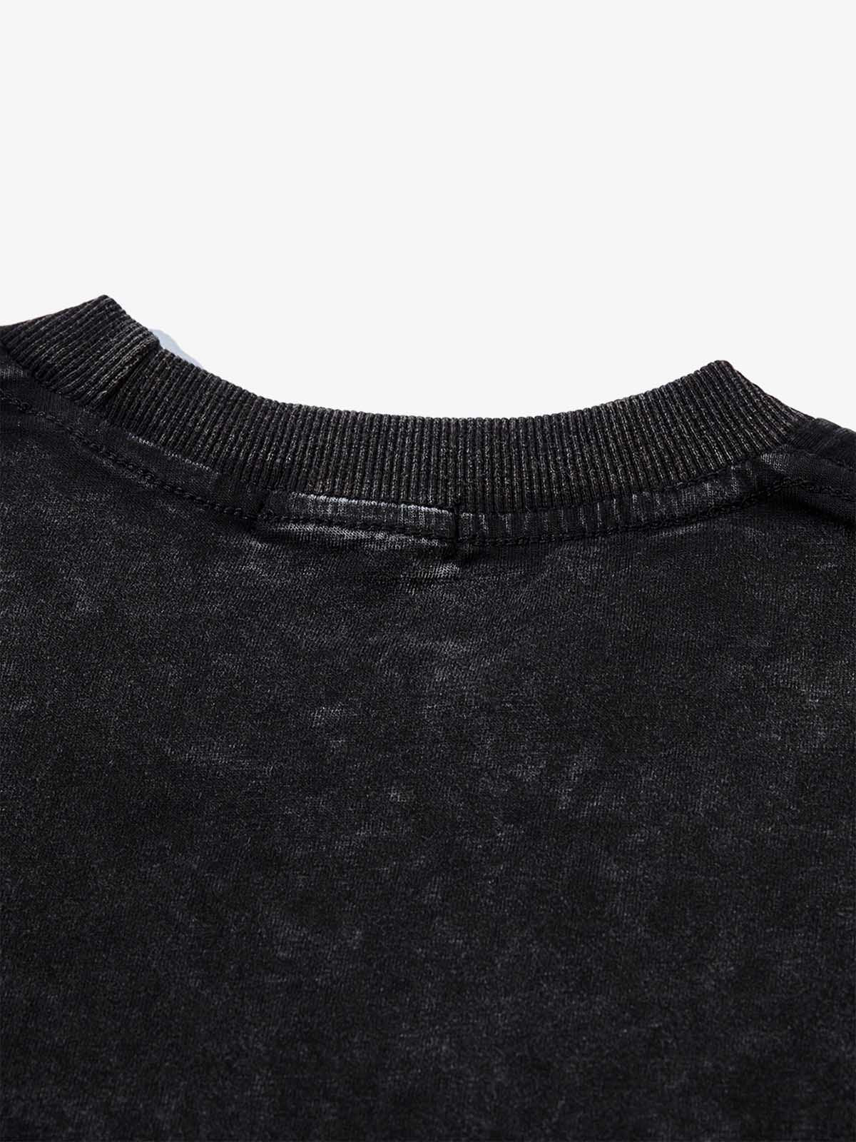 Fabric close-up of graphic T-shirt showing texture and print detail