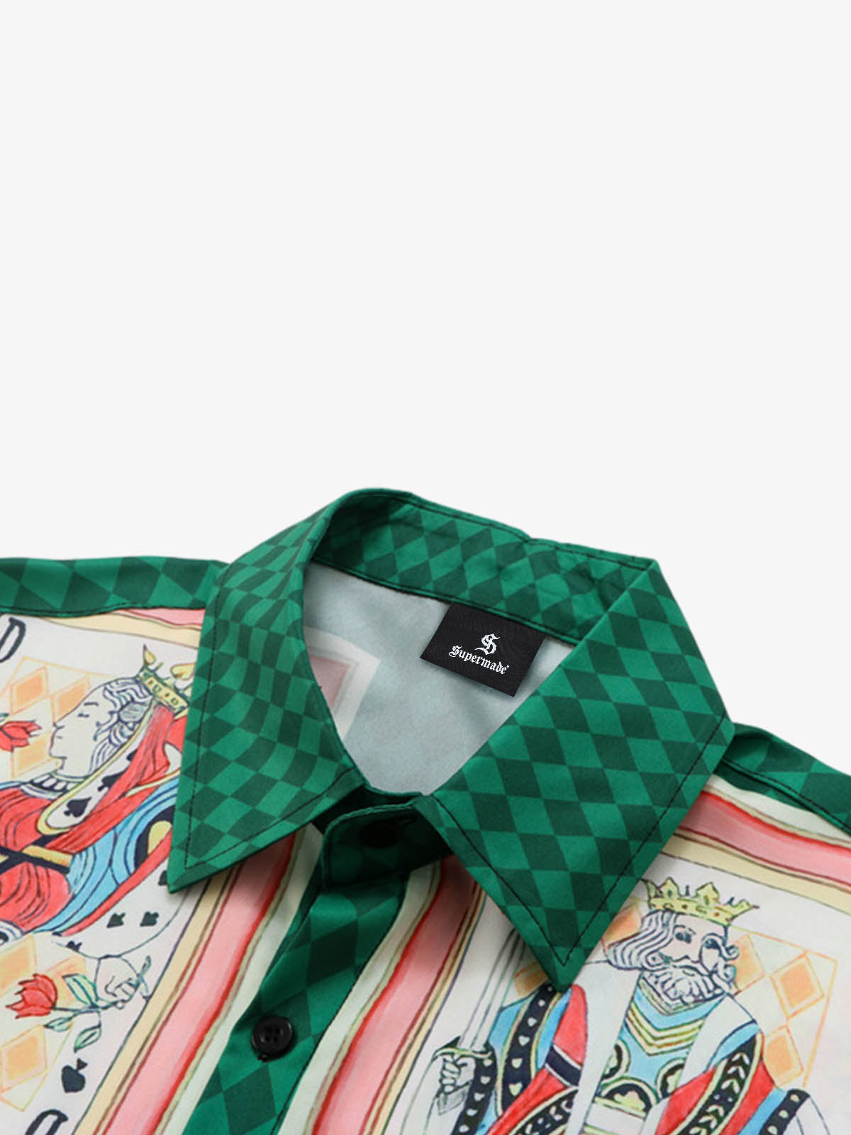 Close-up of playing card print and button front on Hawaiian shirt