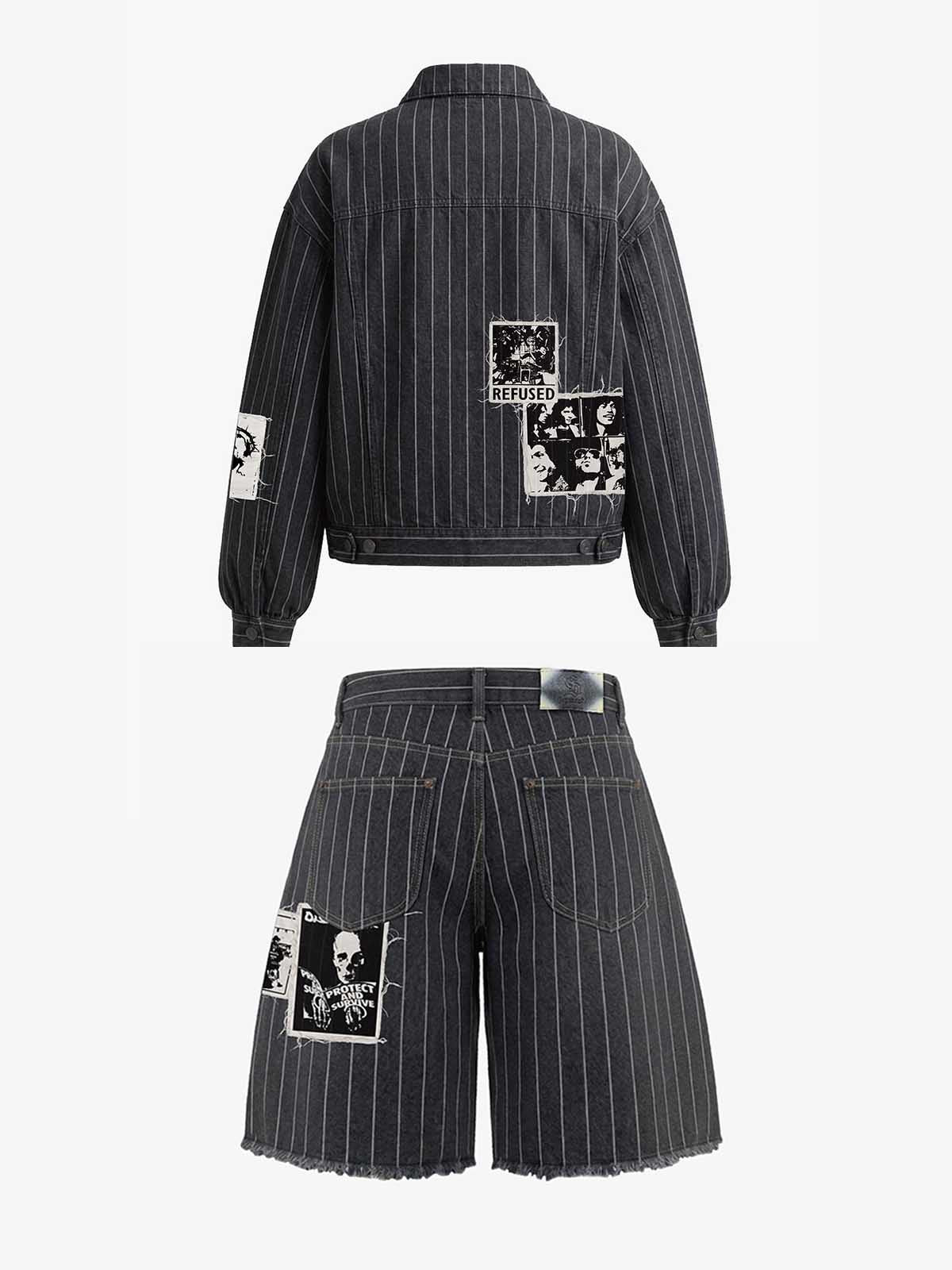 Vintage Pinstripe Patchwork Baggy Denim Set
